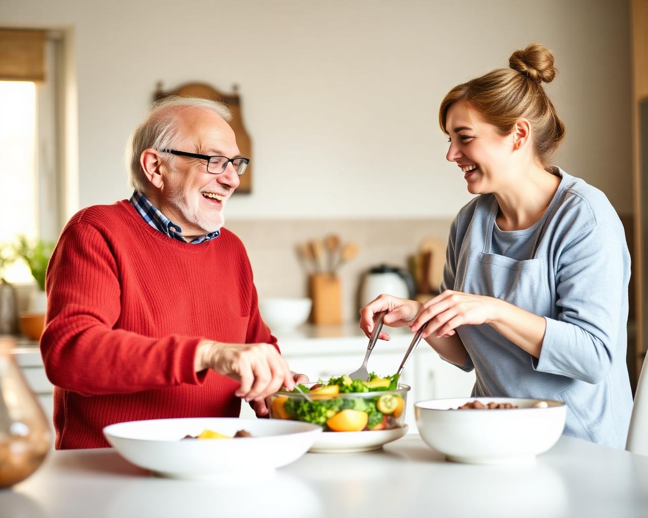 Elderly man cooking with a friendly caregiver